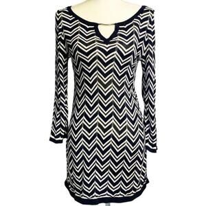 WHBM Navy White‎ Chevron Knit Mini Dress 3/4 Sleeve Women's Size Small 70s Mesh